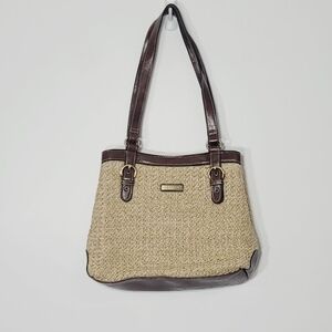 Rosetti Tan Woven Brown Faux Leather Trim Strap Zipper Pockets Shoulder Bags